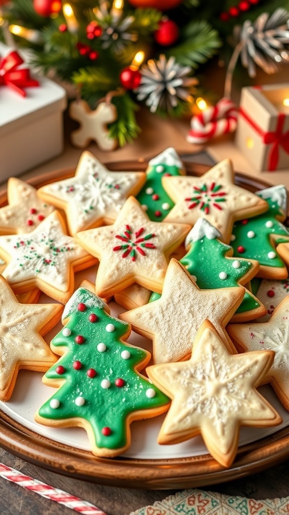 A colorful assortment of gluten and dairy free Christmas cookies on a festive platter, decorated with sprinkles and powdered sugar.